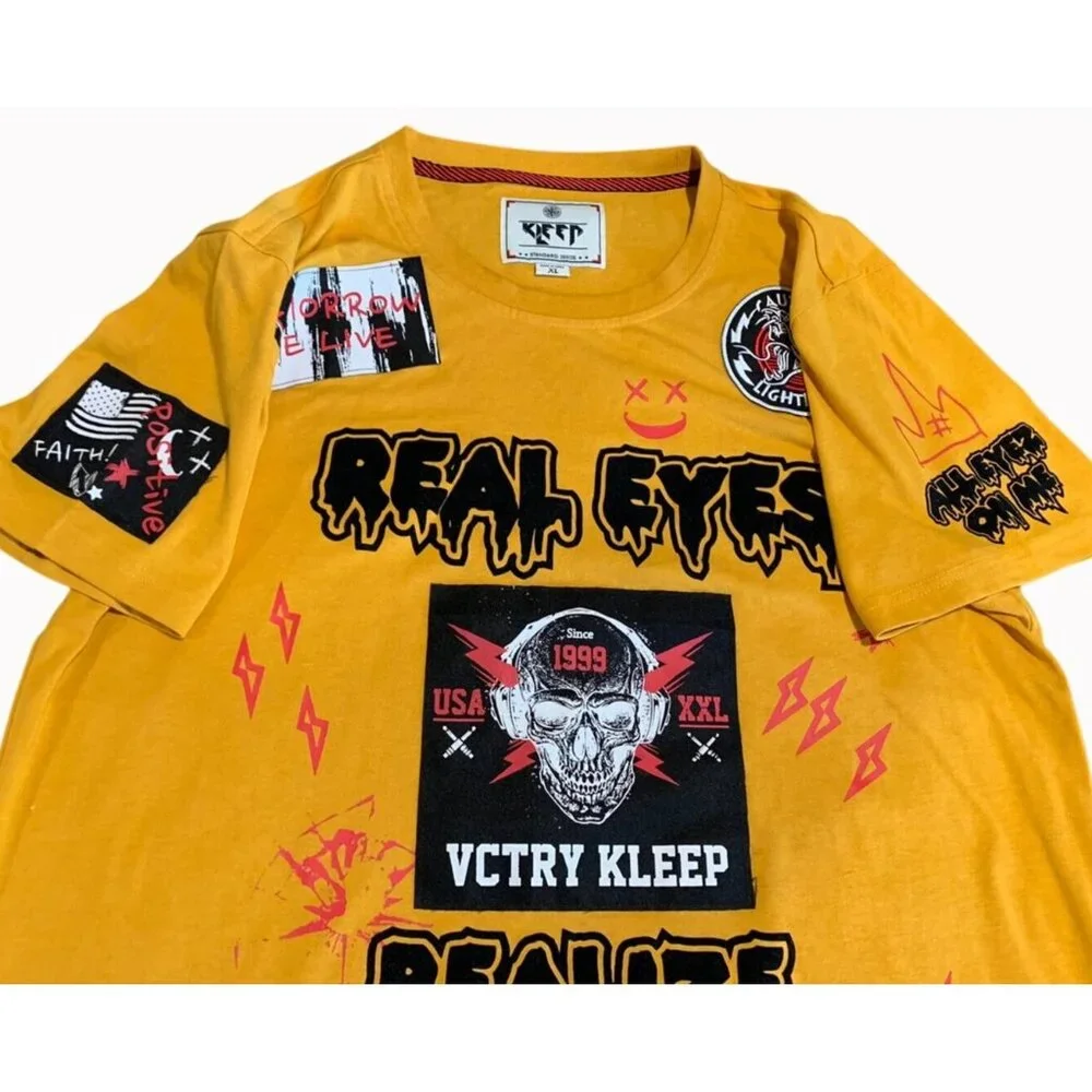 Kleep Mens XL Yellow Short Sleeve Graphic T-Shirt Real Eyes Realize Real Lies St